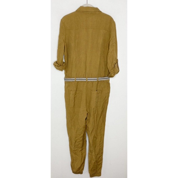 Ann Taylor LOFT Linen Blend Utility Mustard Yellow Roll Tab Sleeve Jumpsuit S - Picture 6 of 6